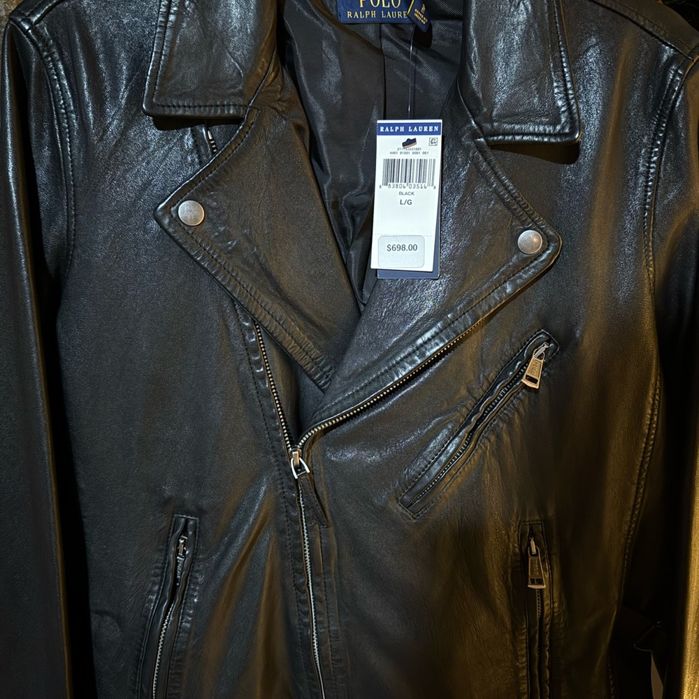 Authentic Polo Ralph Lauren Classic Black Leather Moto Jacket - Picture 2 of 10